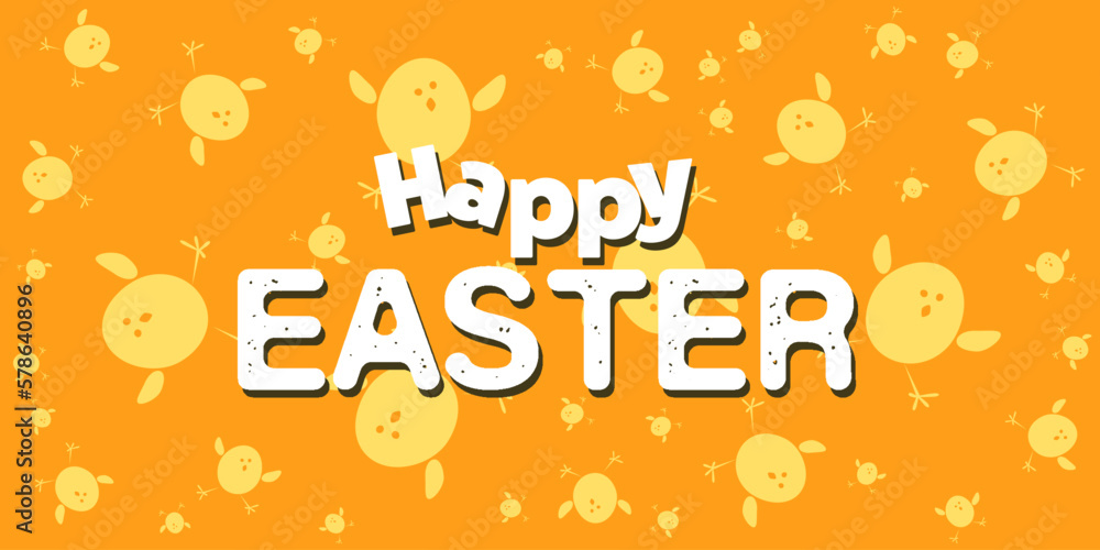Happy Easter Card Template - Big Text, Label on Random Placed Yellow Chicks Pattern of Abstract Style - Minimalist Wide Scale Design Perfect for a Poster, Cover,Banner or Postcard -Vector Illustration