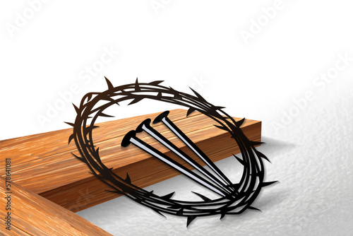Cross with crown of thorns and nails. Easter Sunday or Good Friday concept for poster or banner design. Christ our Passover, wooden cross and thorns with nails. Vector illustration