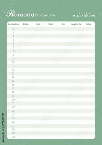 Ramadan Kareem schedule of prayer time. Vector calendar Planner on Ramadan in english