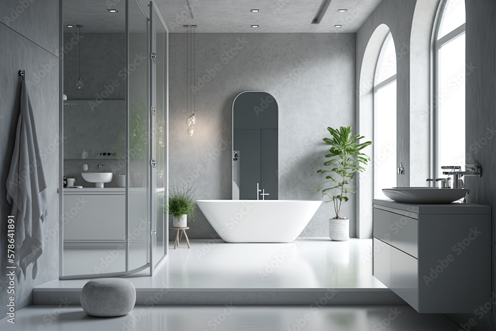 Modern bathroom decor featuring gray and white walls, a concrete floor