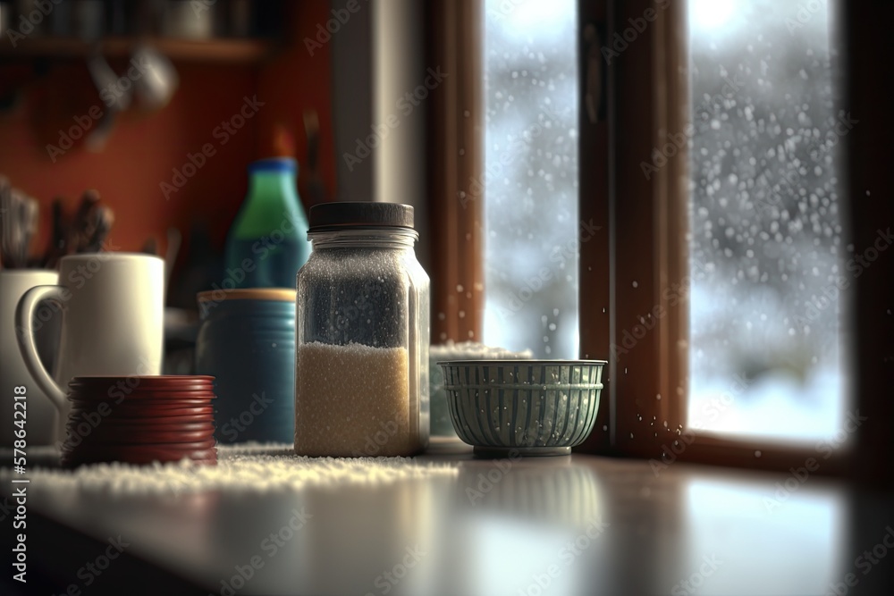Roughly textured product display table in front of an out of focus kitchen window. Generative AI Roughly textured product display table in front of an out of focus kitchen window. Generative AI