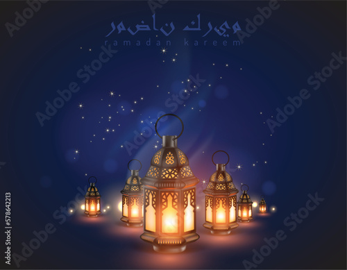 Greeting card with Ramadan, A lot of glowing eastern lamps with openwork ornament on a starry sky background. 3D vector. High detailed realistic illustration