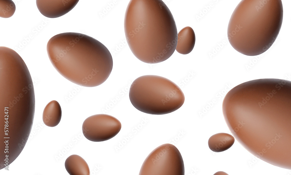 Many chocolate eggs falling on white background Many chocolate eggs falling on white background