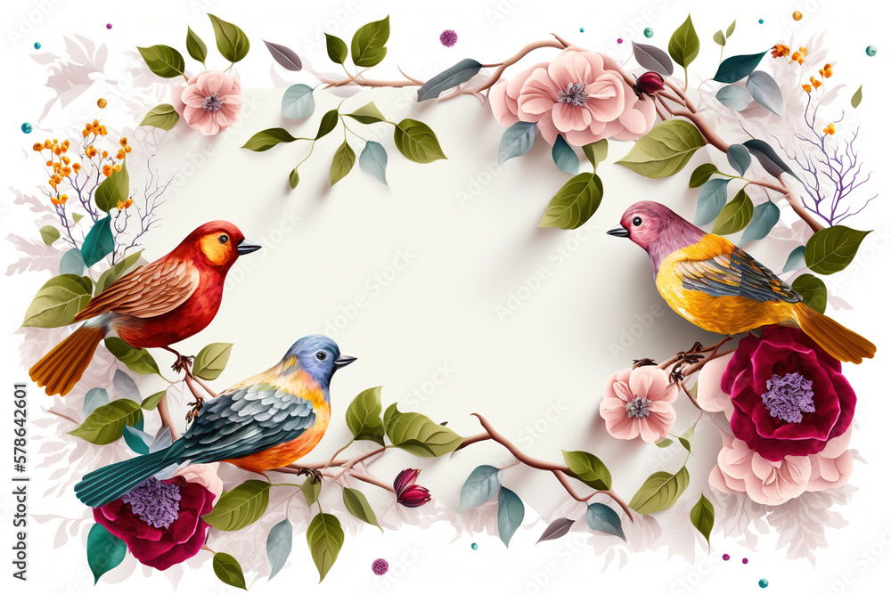 Floral frame and colorful bird design, illustration generative ai