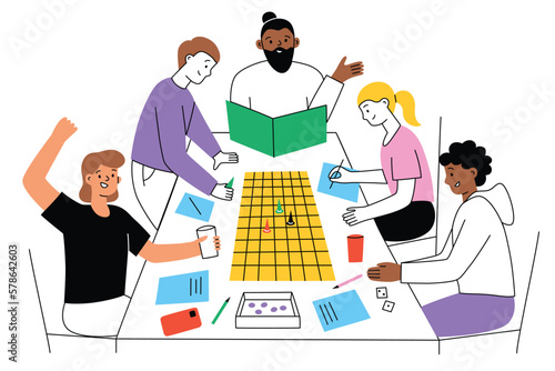 Friends playing roleplay board game. Tabletop game hand drawn composition. Vector illustrations of cartoon male and femalу characters around table. Hobby, leisure activity for home and parties