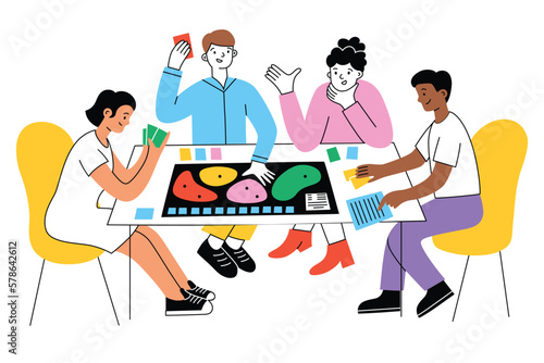 Friends playing board game. Hand drawn colored composition of tabletop game. Vector illustrations of male and female characters having fun. Leisure activity for family. Cooperative eurogame, strategy