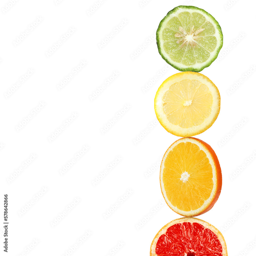 Stack of different fresh citrus fruits on white background Stack of different fresh citrus fruits on white background