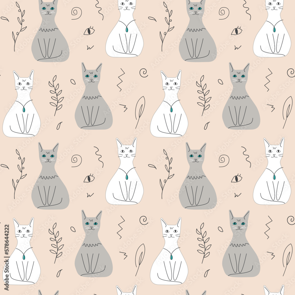 Seamless pattern of cute cats and twigs on a beige background. Vector doodle illustration for decoration, postcards, print Seamless pattern of cute cats and twigs on a beige background. Vector doodle illustration for decoration, postcards, print