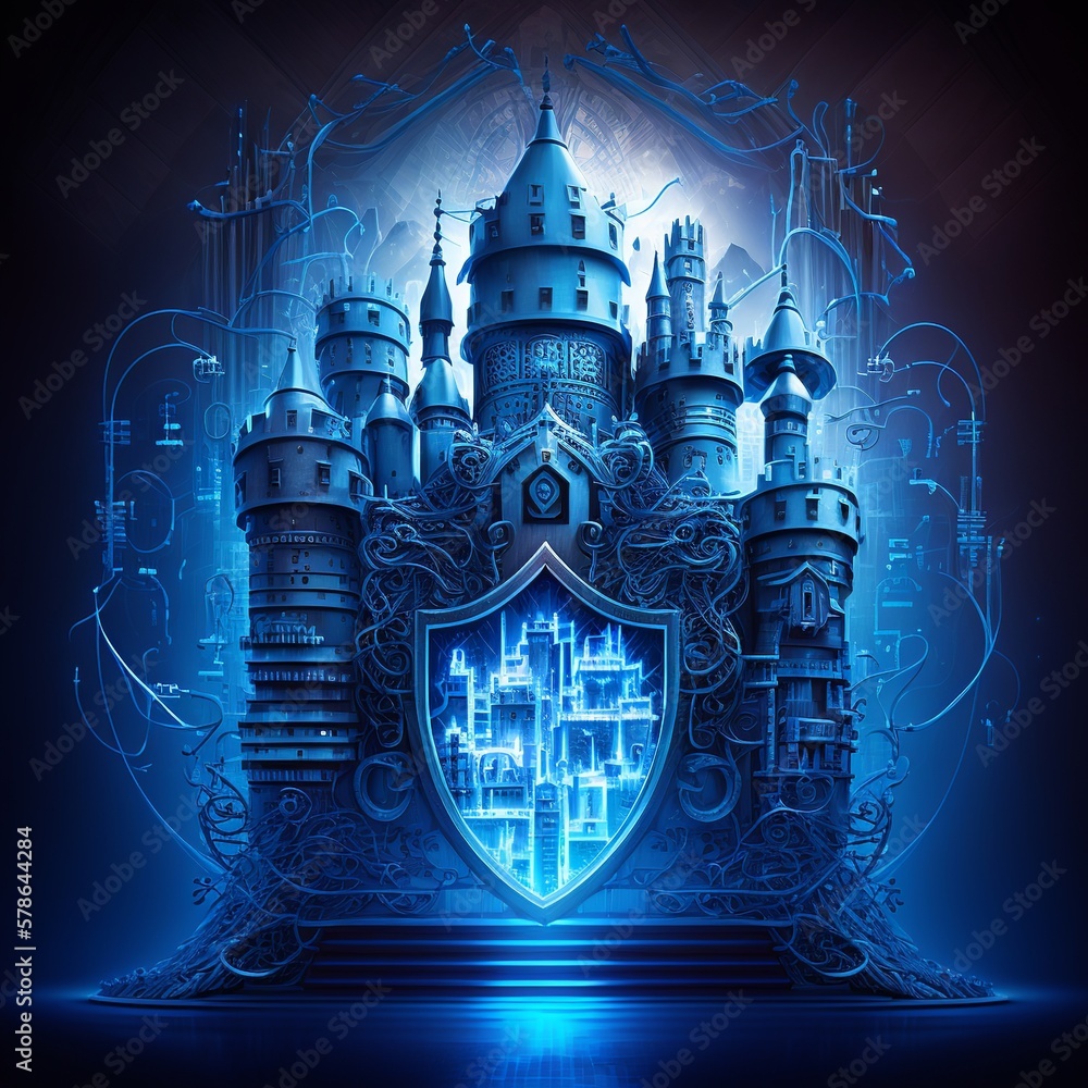 Castelo futurista, proteção de segurança cibernética, luz azul elétrica que cria um ambiente tecnológico, com detalhes em aço escovado e ilustrações de circuitos integrados. Generative AI - obrazy, fototapety, plakaty 