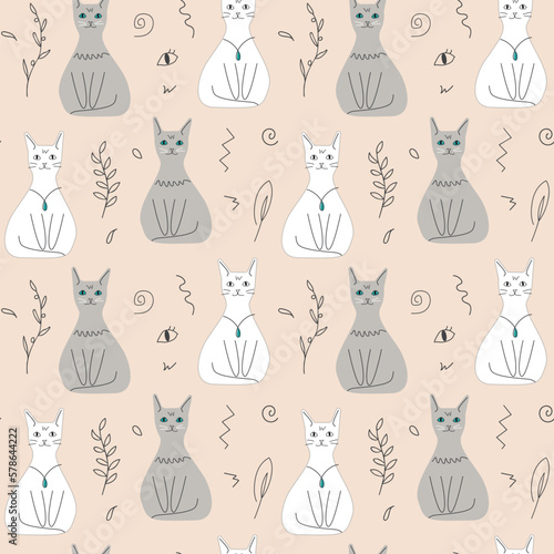 Seamless pattern of cute cats and twigs on a beige background. Vector doodle illustration for decoration, postcards, print