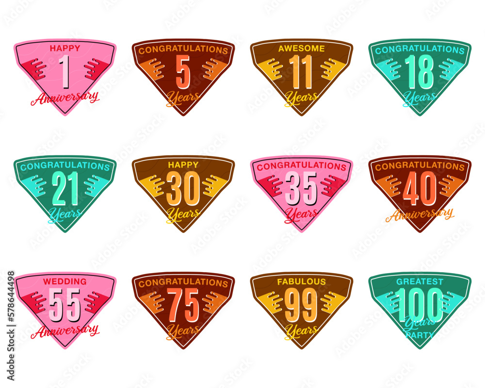 Anniversary Logo Templates Collection. Wedding badges in flat modern style and different color palletes. Birthday anniversary labels. Stock vector designs Anniversary Logo Templates Collection. Wedding badges in flat modern style and different color palletes. Birthday anniversary labels. Stock vector designs