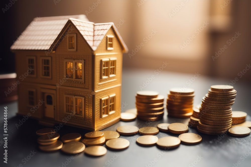 Model of miniature houses made of wood and gold coins, a symbol of wealth. Generative AI. Model of miniature houses made of wood and gold coins, a symbol of wealth. Generative AI.