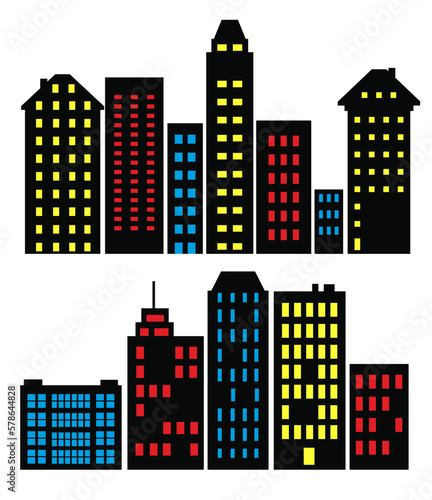 Flat Black Cityscape Silhouette city buildings set Modern