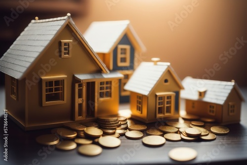 Model of miniature houses made of wood and gold coins, a symbol of wealth. Generative AI.