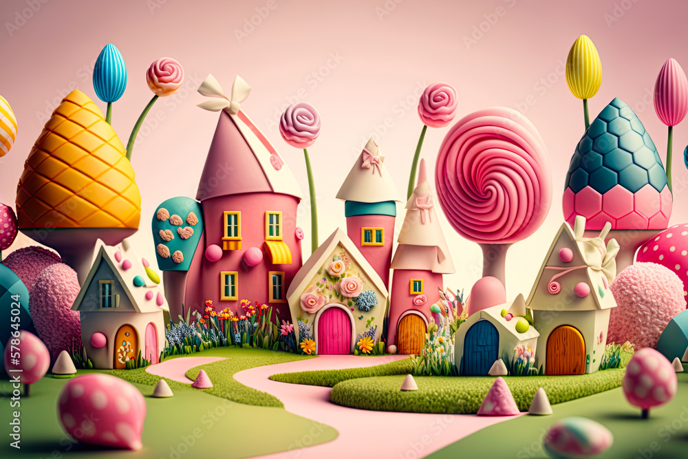 Candyland town made of chocolate and candy. Easter concept. Ai ...