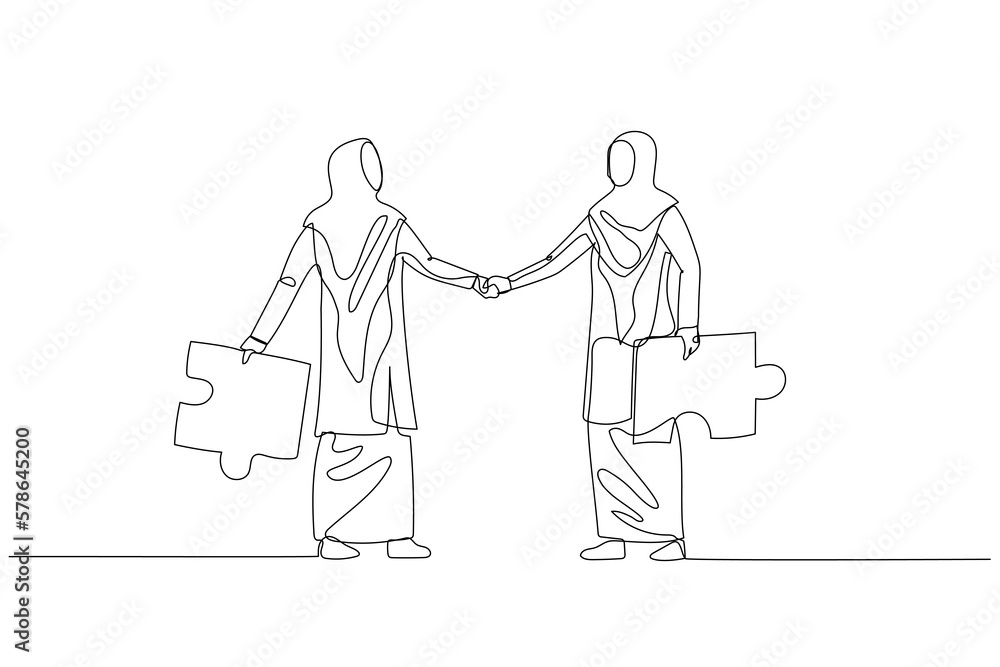 Cartoon of muslim woman with puzzles briefcases shake hands. Concept of business connection. Single continuous line art style Cartoon of muslim woman with puzzles briefcases shake hands. Concept of business connection. Single continuous line art style