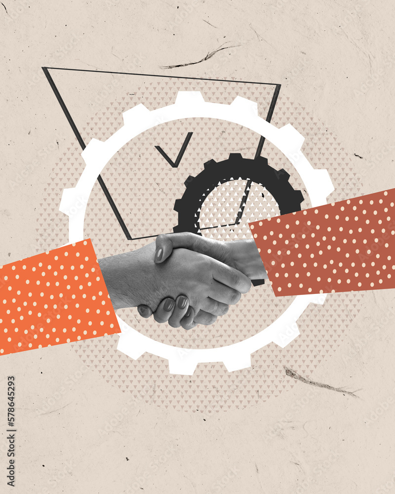 Agreement. Contemporary art collage. Conceptual design. Human shaking hands symbolizing business deal, partnership and cooperation. Concept of business, career development, teamwork, growth - obrazy, fototapety, plakaty 