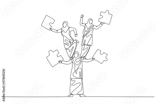 Drawing of muslim woman juggling puzzle from human tower. Concept of teamwork. One continuous line art style