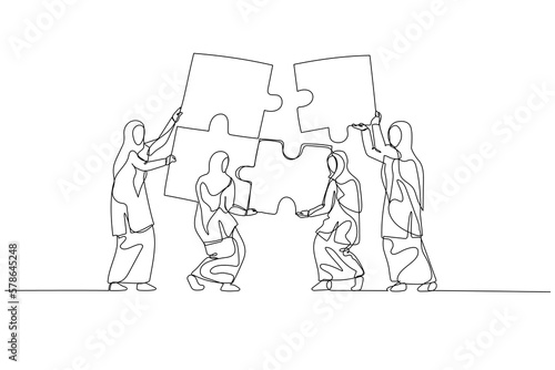 Drawing of muslim woman with team bringing puzzle together. Concept of teamwork. Single line art style