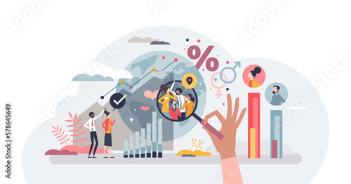 Demography information and gender percentage statistics tiny person concept, transparent background.Society and population research with age and community growth data illustration.