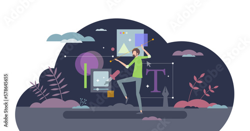 Digital design work with artistic and creative drawing tiny person concept, transparent background.Professional artist or designer with banner visual sketching illustration.