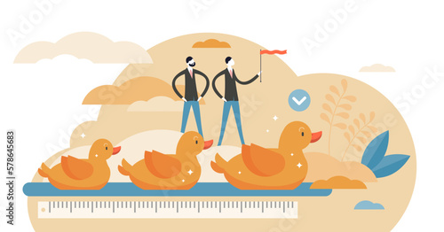 Get your ducks in row visualization illustration in flat tiny persons concept, transparent background. Idiom with meaning to get organized or prepare yourself. System and arrangement organization.