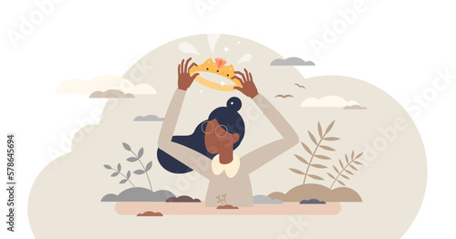 Empowerment and woman hero courage for feminism movement tiny person concept, transparent background. Self encouragement to fight for gender equality and female solidarity illustration.