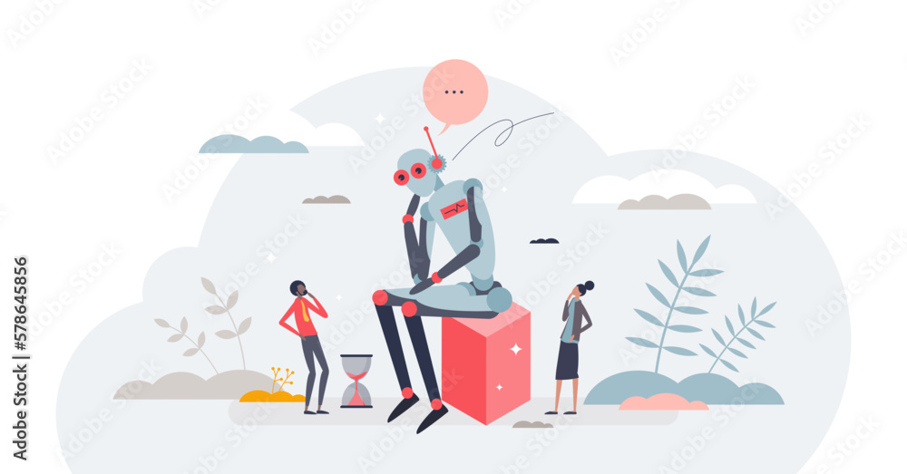 Machine deep learning with big amount of knowledge gathering tiny person concept, transparent background. Self developing robot as artificial intelligence automation illustration.