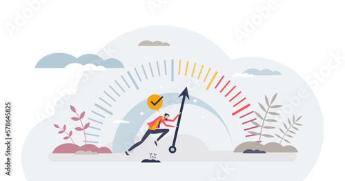 KPI or key performance indicator as success measurement tiny person concept, transparent background. Business company plan or goal achievement evaluation and assessment illustration.