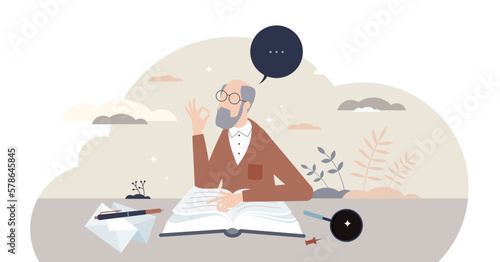 Lifelong learning and never stop reading for development tiny person concept, transparent background. Personal academic knowledge and competence growth despite age illustration.