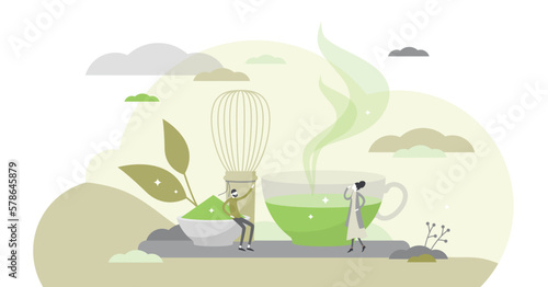Matcha tea drink as asian culture traditional taste beverage flat tiny persons concept, transparent background. Hot herbal organic drink preparation.