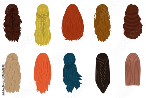 Women hairstyle concept. Collection with natural wigs and beautiful hairstyles. Back view vector illustration