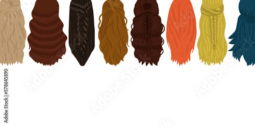 Women hairstyle concept. Web banner with natural wigs and beautiful hairstyles and empty space. Back view vector illustration