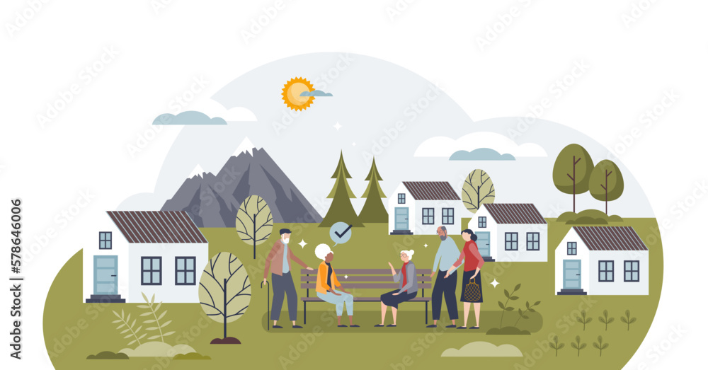 Retirement village and settlement for elderly pensioners tiny person concept, transparent background.Houses for old people to spend time together and talk illustration. Retirement village and settlement for elderly pensioners tiny person concept, transparent background.Houses for old people to spend time together and talk illustration.