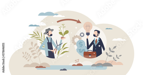 Retraining and start new career and different profession tiny person concept, transparent background. Skill and knowledge learning for work replacement illustration. Employee change life direction.
