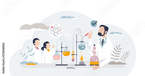 Science experiments with kids in children laboratory tiny person concept, transparent background. Chemical education learning with chemistry equipment and liquid fluids test illustration.