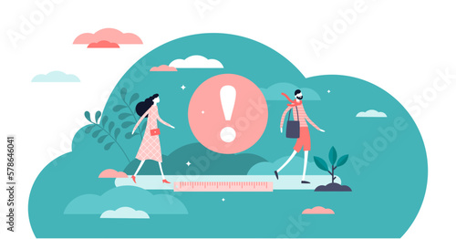 Social distancing concept, tiny persons illustration, transparent background. Managing safe distance between people in public spaces and virus infection health risk caution symbol sign.