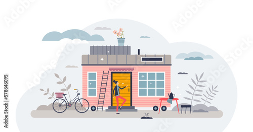 Tiny house property as little summer container type home mini person concept, transparent background. Simple residential trailer exterior for minimalist lifestyle illustration. Small cabin rent.