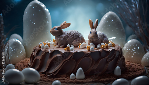 beautiful Easter eggs and chocolate bunnies on the birthday cake . created with the help of artificial intelligence.