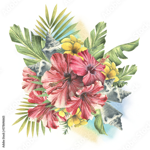 Photography Tropical palm leaves with red hibiscus flowers, yellow flowers and seashells
