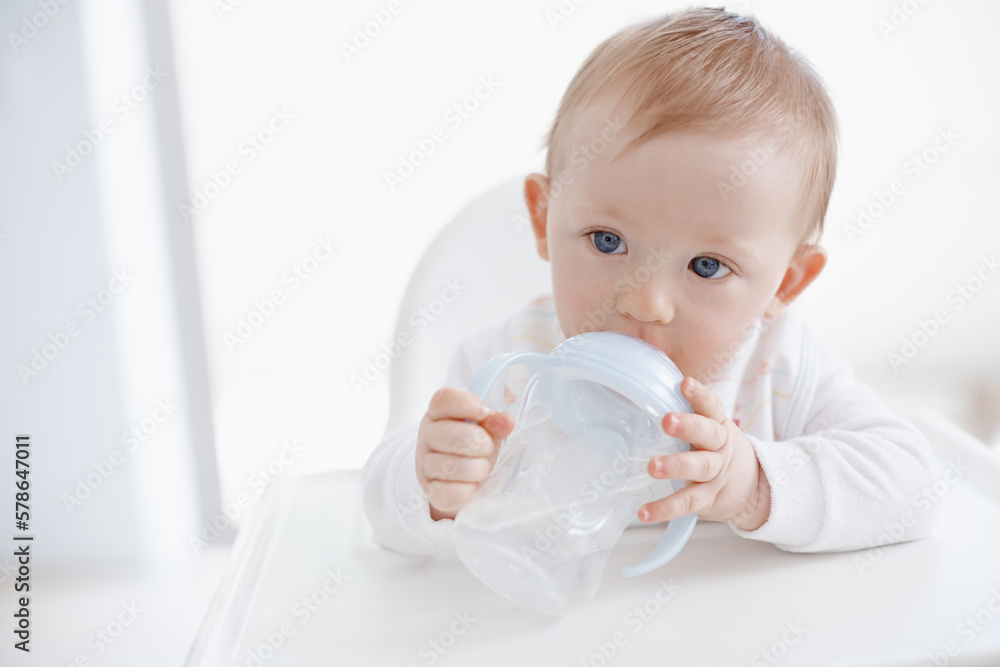 Big boys dont need bottles. A cute baby boy drinking from his sippy cup while sitting in his high chair. Big boys dont need bottles. A cute baby boy drinking from his sippy cup while sitting in his high chair.