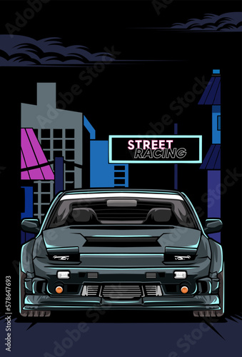 sports car vector template in with buildings background, can use auto modified logo t shirt, clothing, sticker group community, poster, flyer banner 