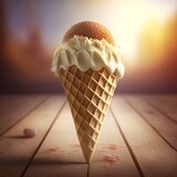 Bola de sorvete em um cone de casquinha em uma superfície de madeira com fundo neutro, luz suave vinda de um ângulo lateral para destacar a textura e as cores do sorvete. Generative AI