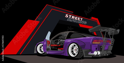 sports car vector template in with garage board background, can be used for auto modified t shirt print, clothing, sticker group community, poster, flyer banner 