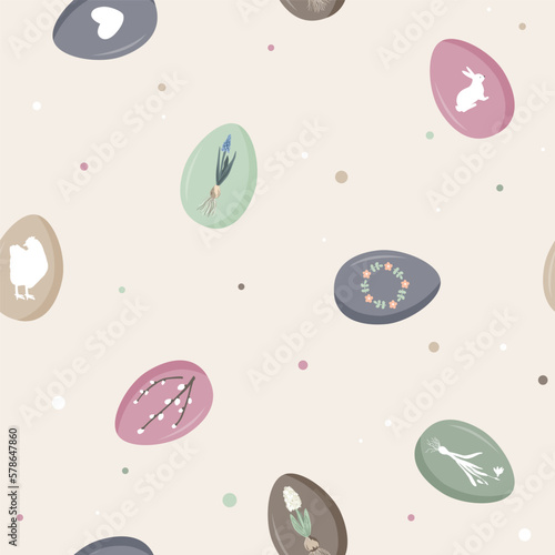 Vintage Easter eggs with spring flowers and symbols. Spring seamless pattern, pastel background, doodle vector illustration.