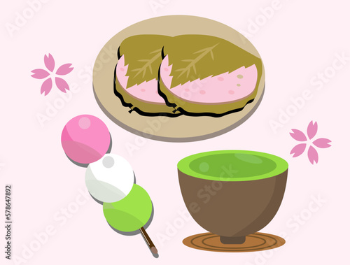 春の食べ物と飲み物 桜餅と三食団子と緑茶 花見団子 花見の食べ物