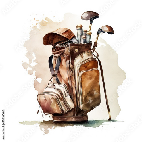 Watercolor of vintage golf bag on white background created with Generative AI technology