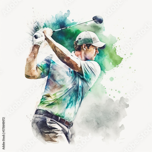 Watercolor painting of a golfer's full swing created with Generative AI technology