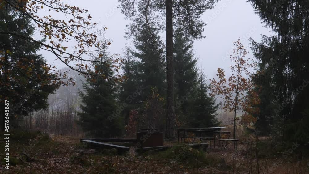 Designated Area for Campfire, Misty, Wet and Gloomy Day, Wild Camping Scene Designated Area for Campfire, Misty, Wet and Gloomy Day, Wild Camping Scene