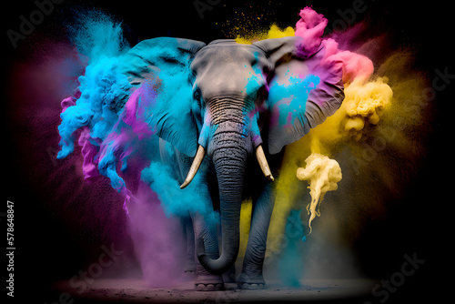 Elephant with colorful powder explosion all around on dark background - Generative AI © HeGraDe